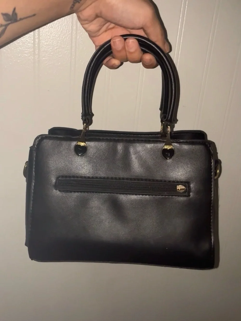Black Faux Leather Satchel Handbag with Gold Accents